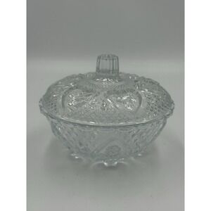Vintage KIG Malaysia clear pressed glass candy dish with lid roses in hearts